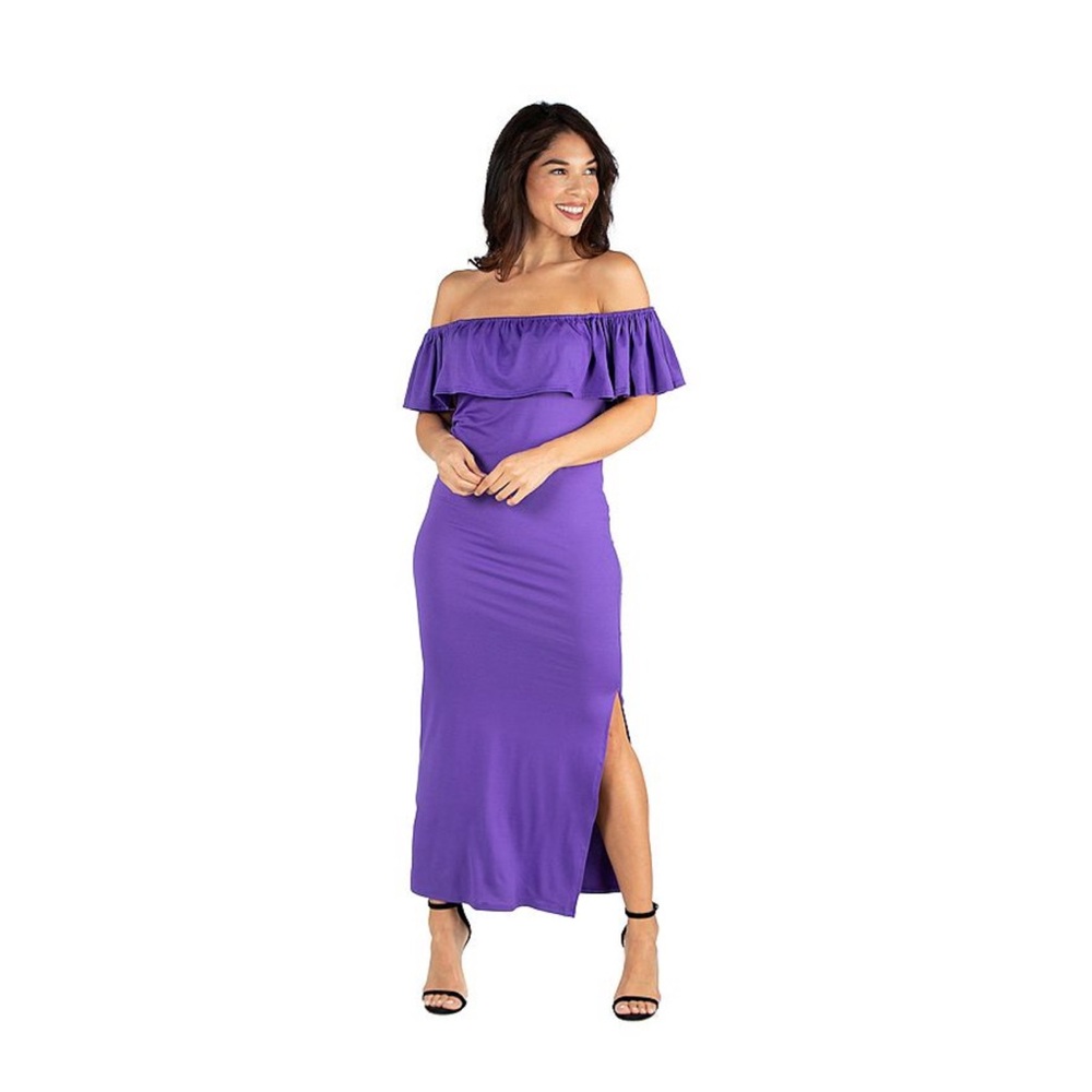 Women's 24seven Comfort Apparel Off-The-Shoulder Ruffled Side Slit Maxi Dress